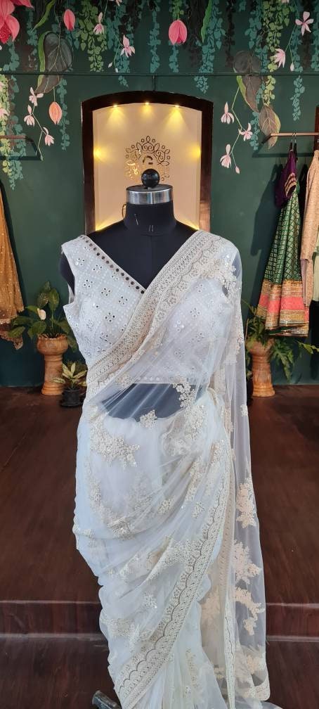 Ivory Sequin & Thread Work Net Saree - Elegant White Saree - Ready-to-Wear Indian Saree - Custom Size Blouse
