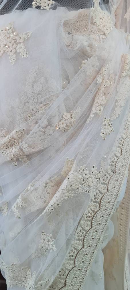 Ivory Sequin & Thread Work Net Saree - Elegant White Saree - Ready-to-Wear Indian Saree - Custom Size Blouse