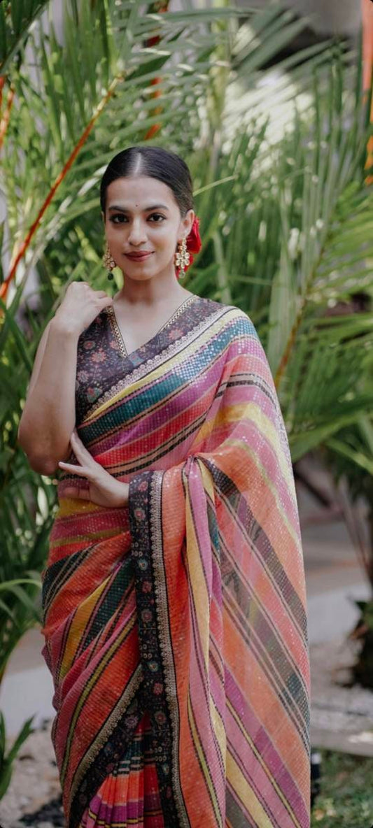 Beautiful sabyasachi inspired sequin multicolor stripes saree with black printed blouse