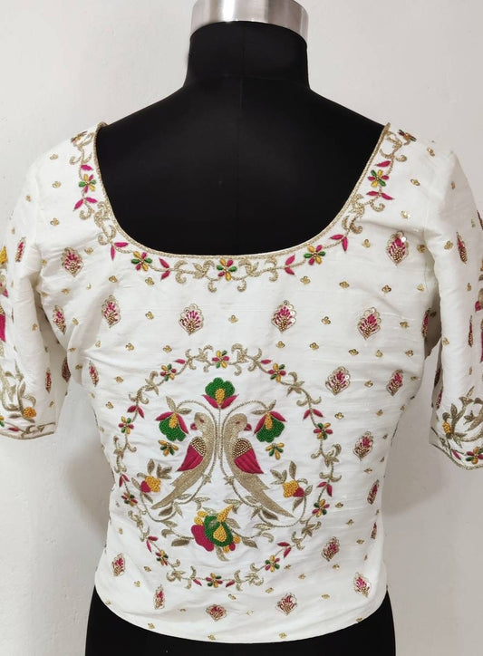 Custom Raw Silk Blouse with Multicolour Zardosi Embroidery | Made to Order Saree Blouse