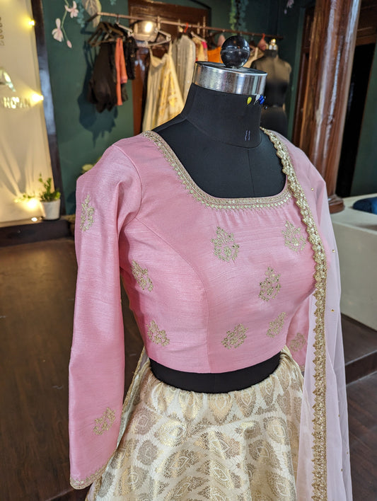 Pink and gold brocade and rawsilk lehenga