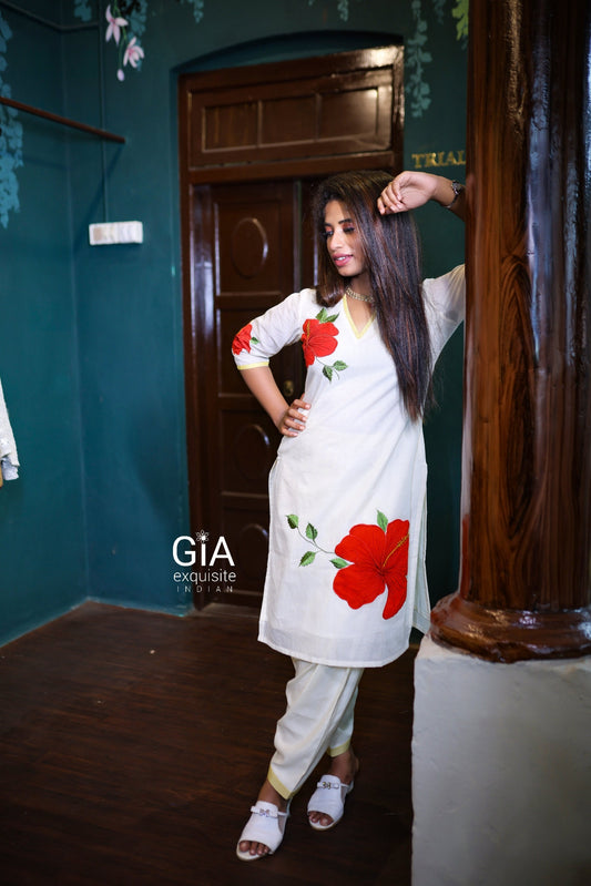 Kerala Kasavu Kurta Set with Red Floral Embroidery | Matching Salwar Suit | Traditional Indian Ethnic Wear