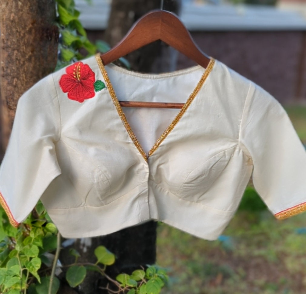 Ivory Handloom Kerala Kasavu Blouse with Red Floral Embroidery