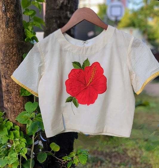 Ivory Handloom Kerala Kasavu Crop Top with Red Floral Embroidery