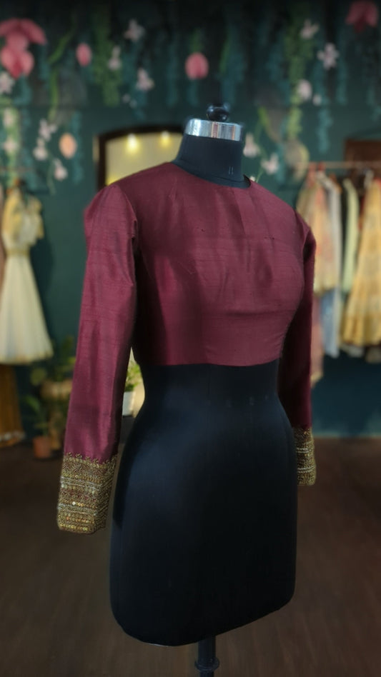 Maroon rawsilk blouse with antique gold zardozi embroidery made to your measurements