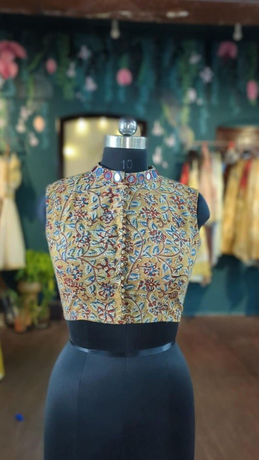 Mustard yellow kalamkari cotton blouse with mirror work collar made to your measurements