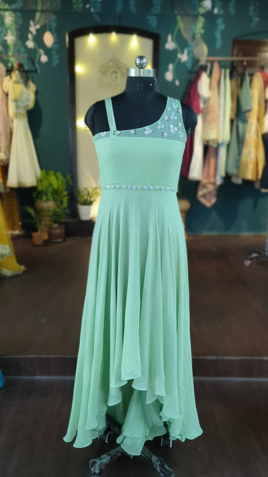 Pista Green Georgette Gown with Hand Embroidery | High-Low Designer Indian Dress | Custom Made Formal Gown