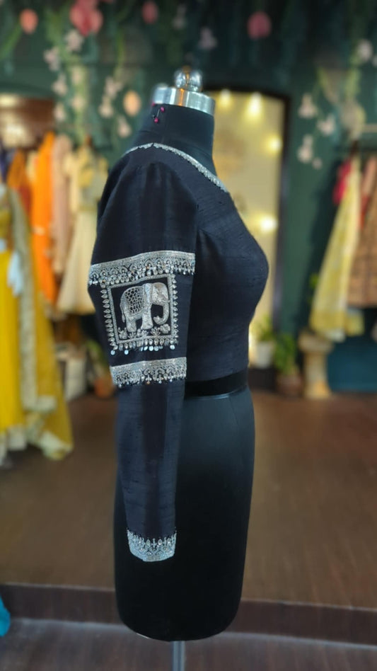 Black rawsilk full sleeve boat neck blouse with silver zardozi embroidery made to your measurements