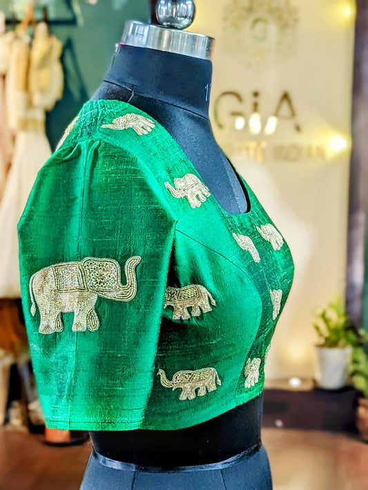 Green rawsilk blouse with gold elephant embroidery