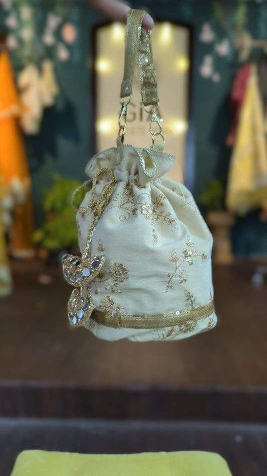 Beige gold sequin embroidered potli bag
