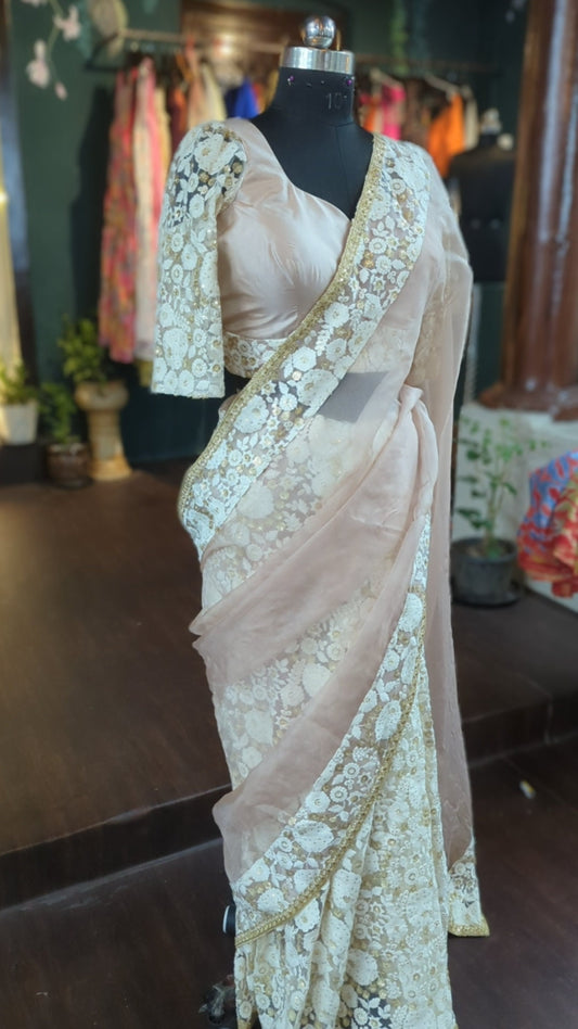 Champagne Blush and Ivory Organza Saree with Threadwork & Sequin Border | Custom Silk Blouse