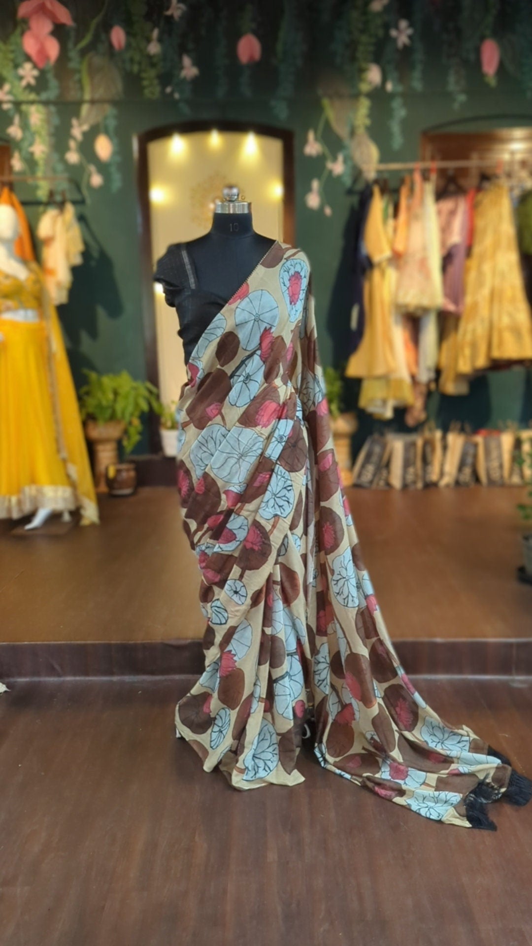 Soft muslin saree with watercolor Lotus print and jute blouse with zari lines