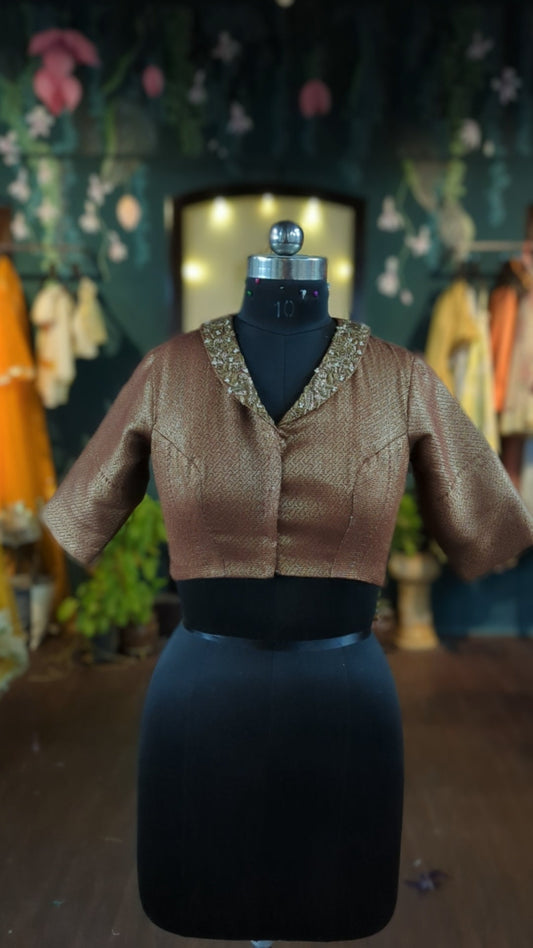Bronze collar neck brocade blouse with zardosi embroidery