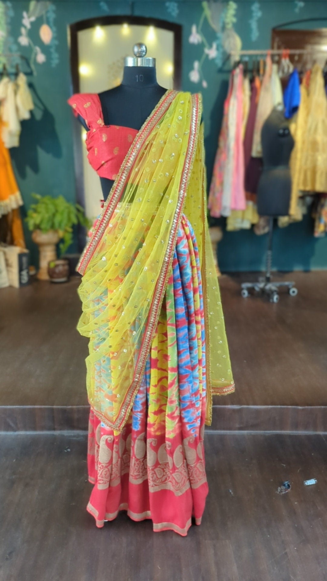 Beautiful multicolor Shibori skirt with red brocade blouse and yellow dupatta