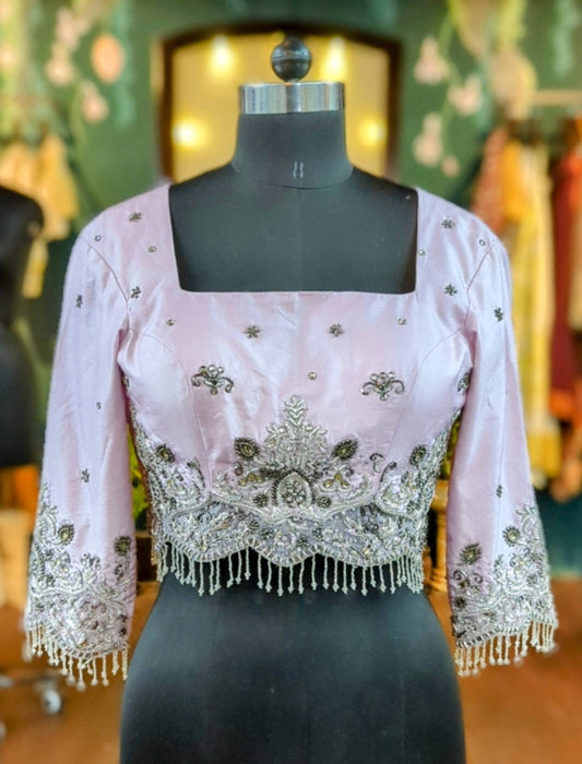 Lavendar silk silver embroidery tasseled blouse