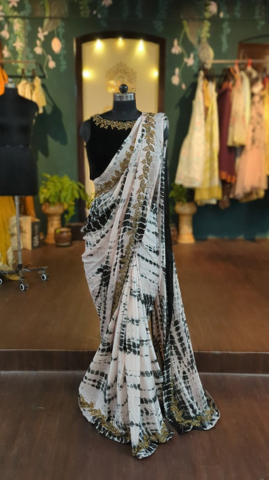 Shibori Marble Dyed Blush & Black Satin Georgette Saree with Embroidered Velvet Blouse
