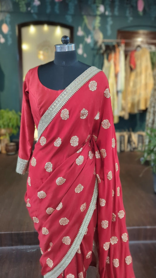 Red muslin silk brocade saree with silk blouse stitched to your measurements