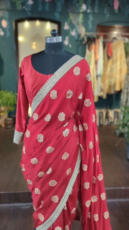 Red Muslin Silk Brocade Saree with Custom Stitched Blouse