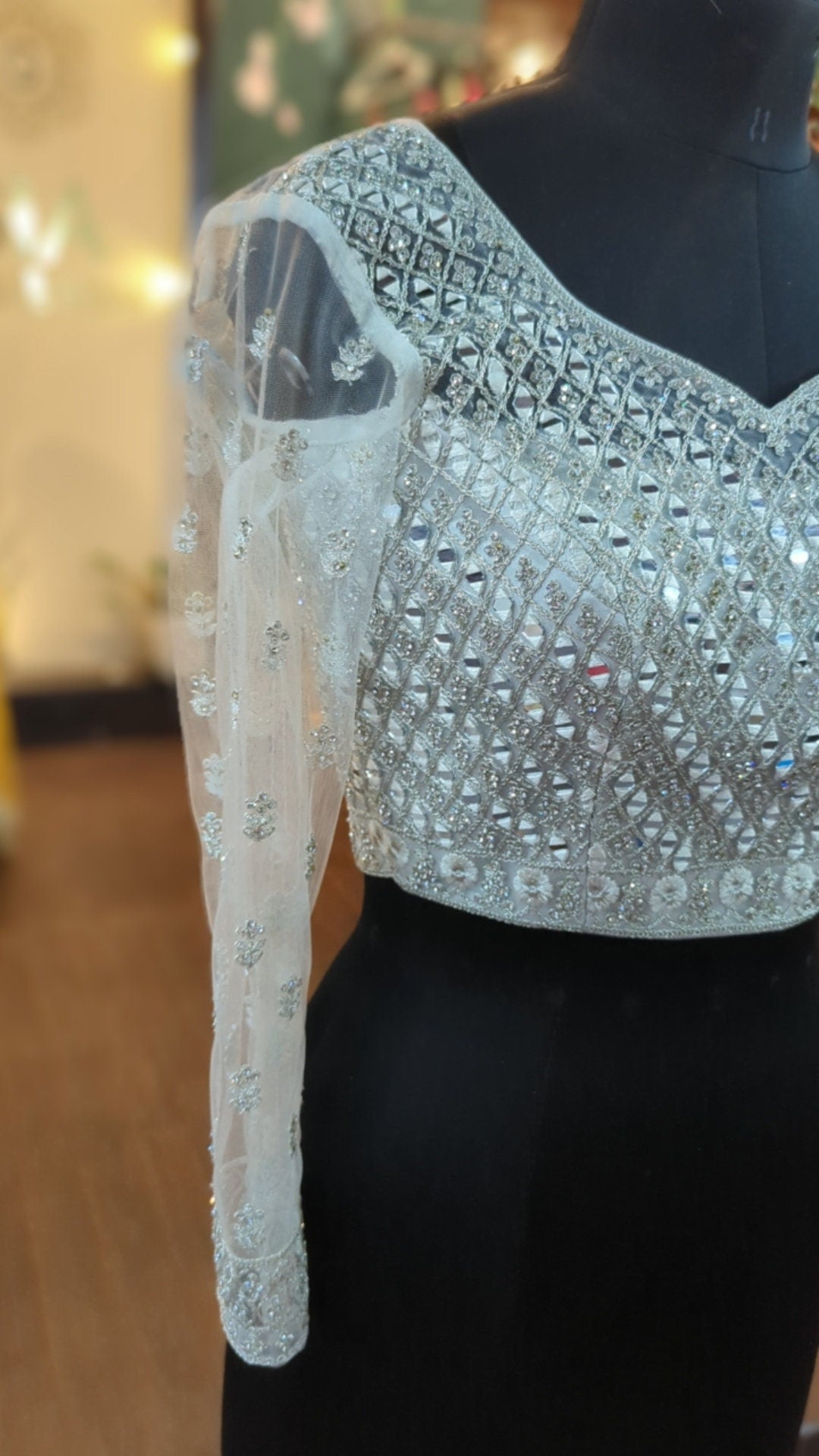 Silver crystal and mirror  embroidery net blouse