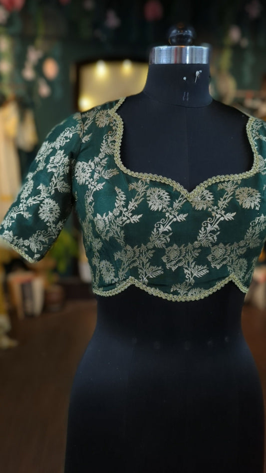 Bottle green brocade brocade silk  blouse