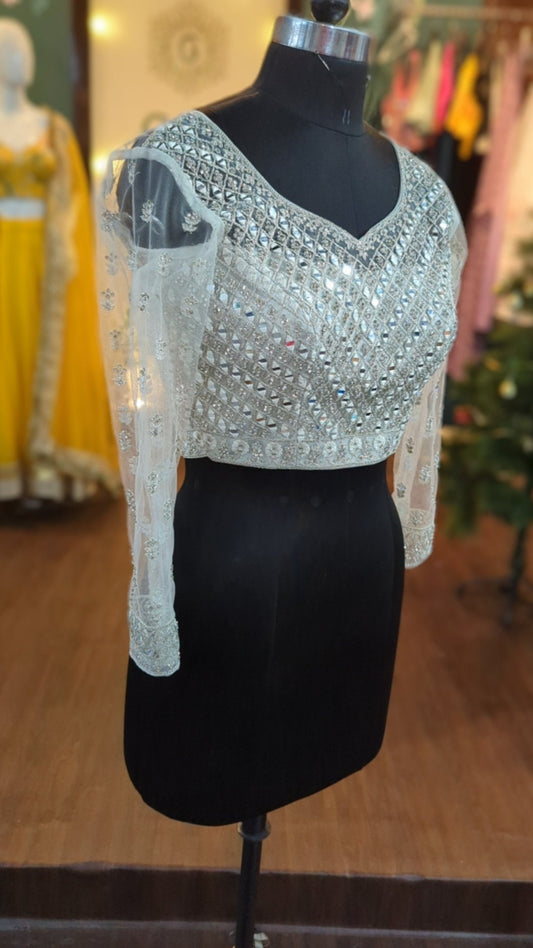 Silver Crystal & Mirror Embroidery Net Blouse | Custom Stitched Indian Saree Blouse | Designer Sequins Rhinestones Blouse