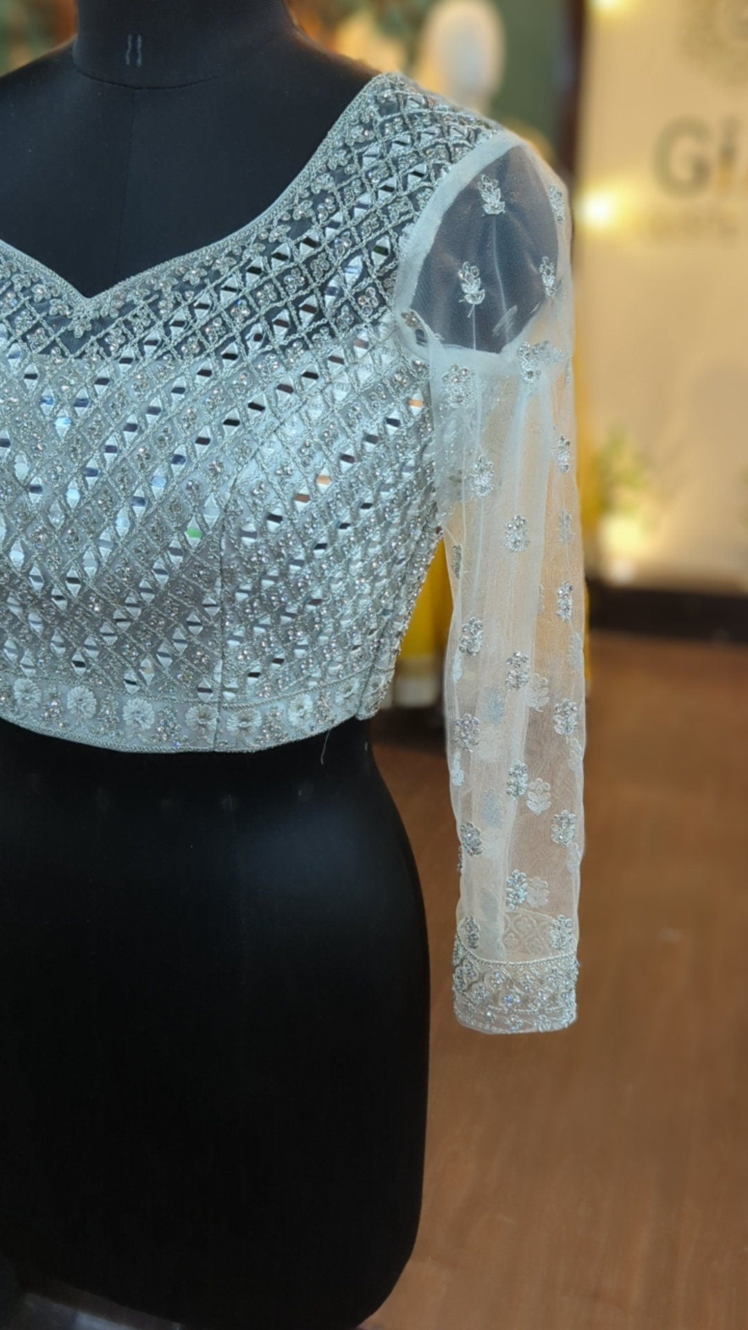 Silver crystal and mirror  embroidery net blouse