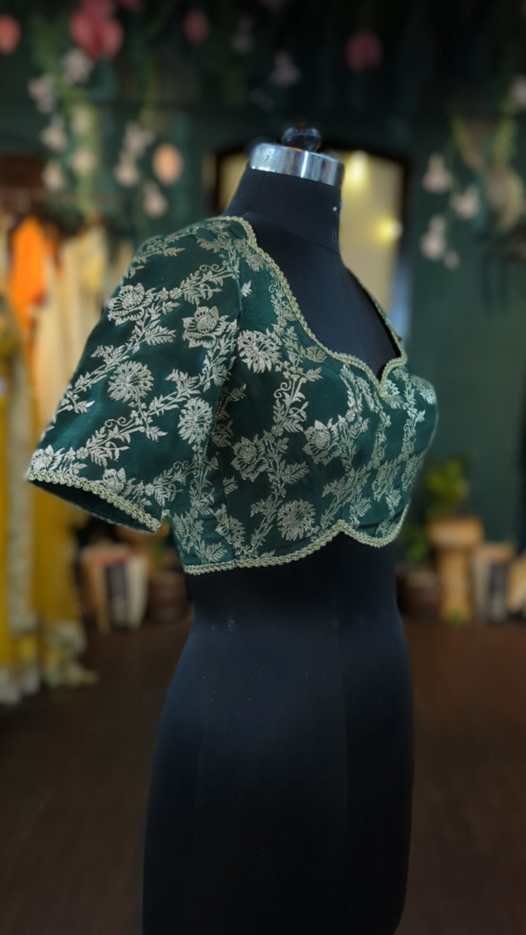Bottle Green Brocade Blouse | Floral Silk Saree Blouse | Custom Cotton Lined Designer Top