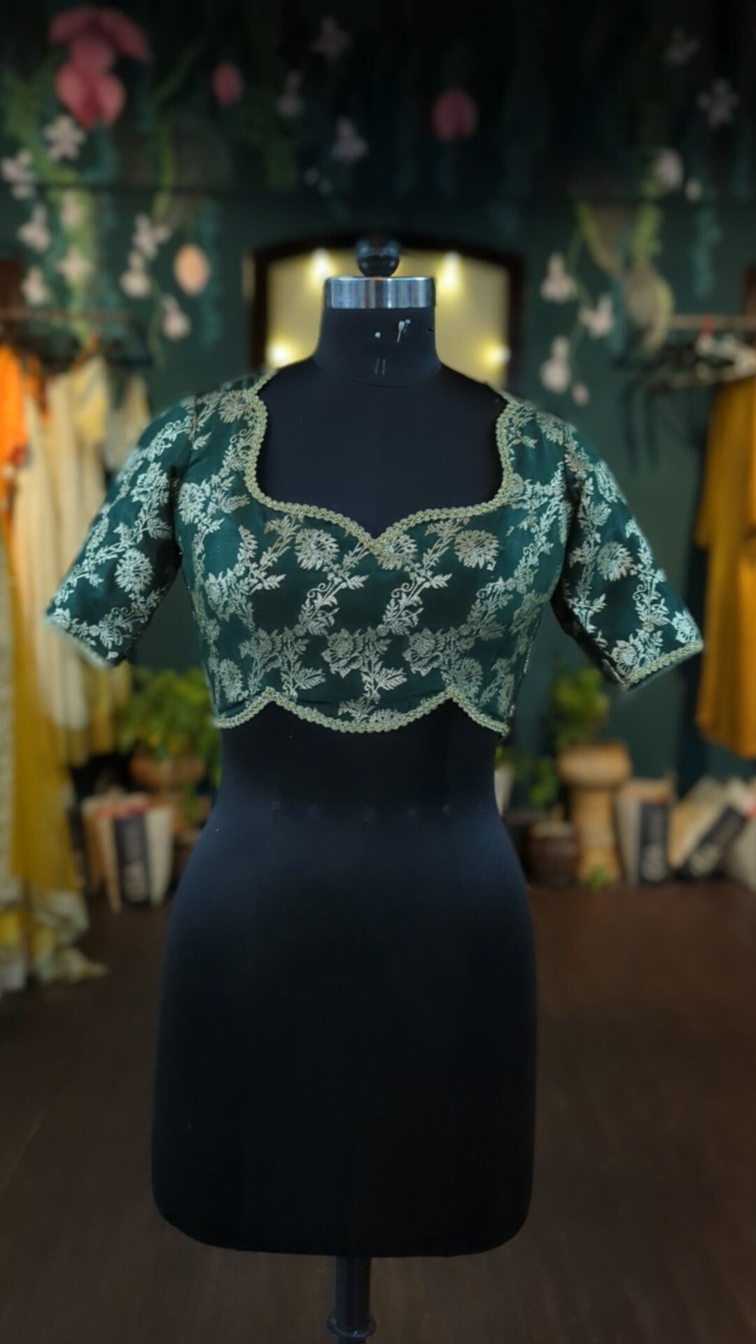 Bottle Green Brocade Blouse | Floral Silk Saree Blouse | Custom Cotton Lined Designer Top