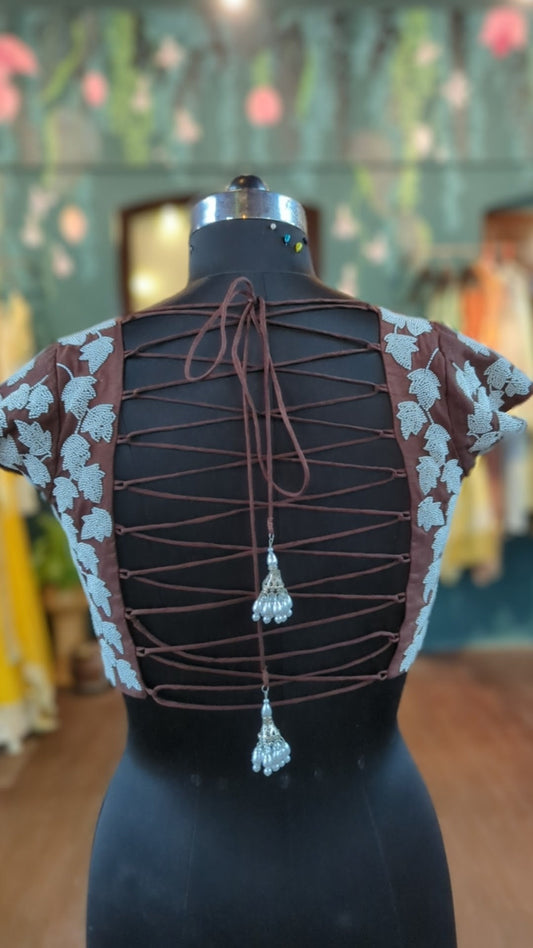 Stunning backless brown blouse with all over pearl embroidery