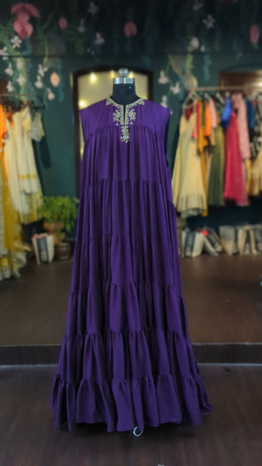 Flared Tiered Raw Silk Gown with Embroidered Neckline | Custom Made Anarkali Dress | Designer Indian Gown