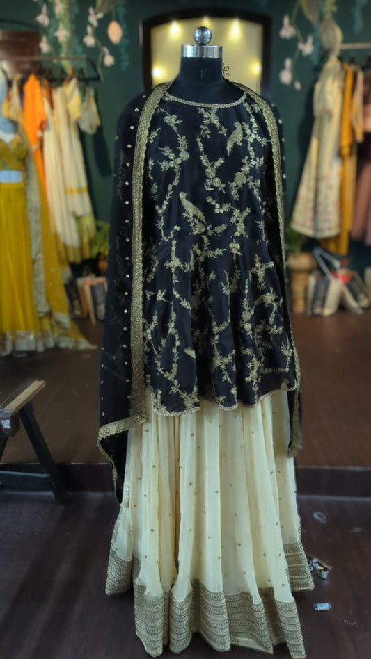 Black Silk Peplum Top and Gold Embroidery Georgette Skirt Set | Long Peplum Top and Flared Skirt | Custom Made