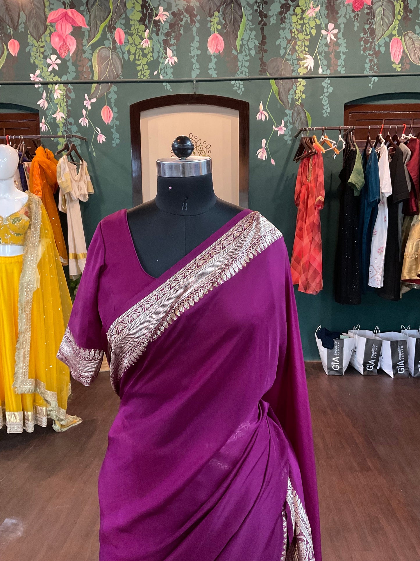 Wine Purple Organza Saree, Platinum Gold Banarasi Zari Border Saree, Matching Blouse, Indian Wedding Saree, Festival Saree