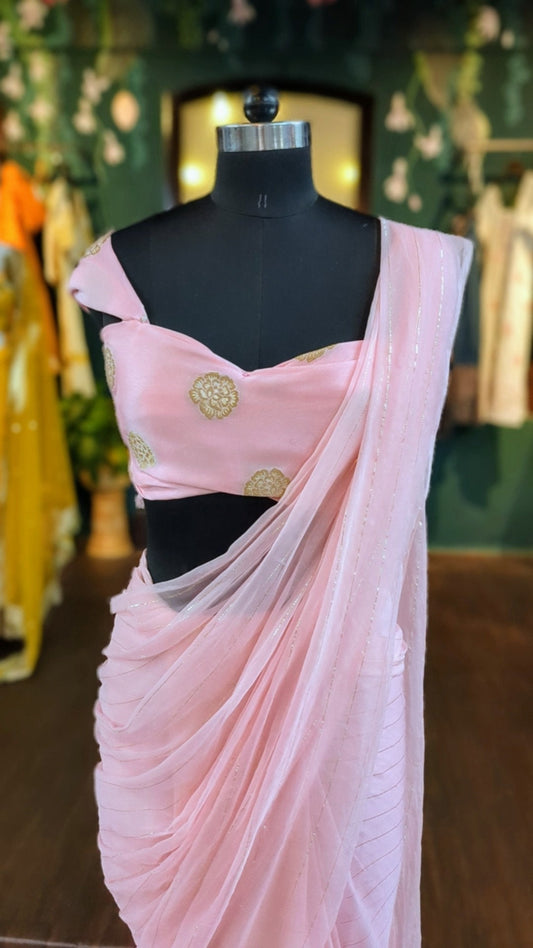 Beautiful Pink Chiffon Sari with Zari Lines and Matching Dola Silk Brocade Blouse