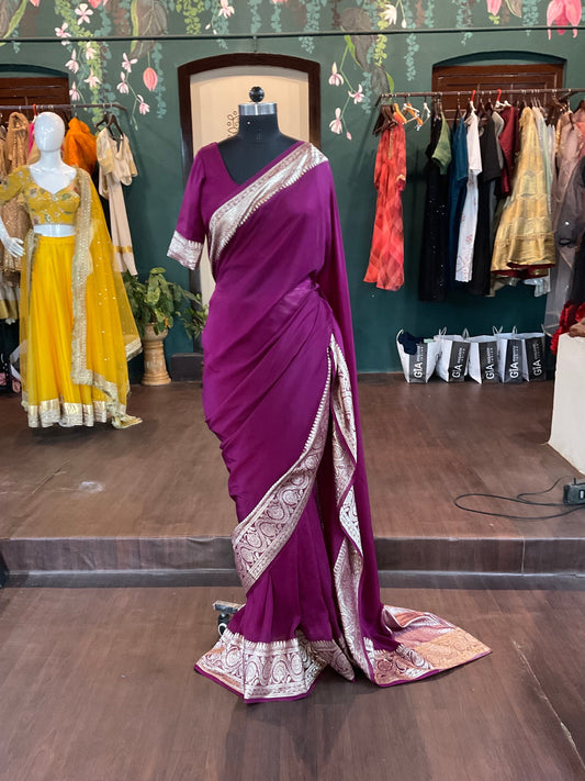 Wine purple organza Saree with Banarasi zari border in platinum gold with matching blouse