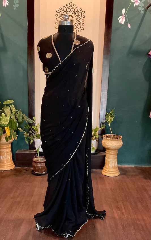 Black Chinnon Saree with Sequins & Scalloped Edge | Matching Dola Silk Brocade Blouse | Ready to Wear Indian Sari