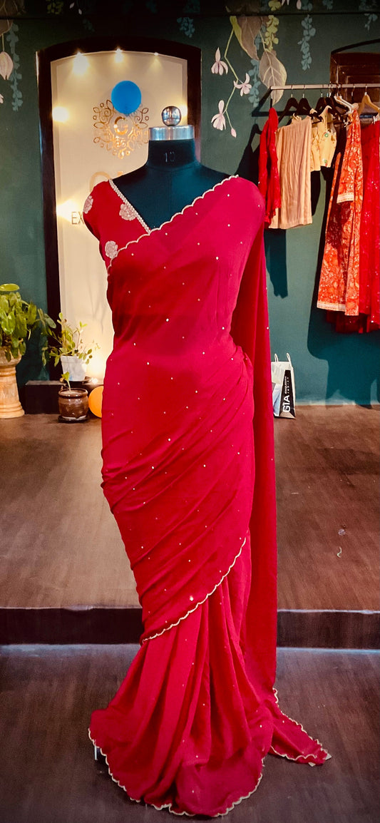 Red Chinnon Saree with Sequins & Scalloped Edge - Dola Silk Brocade Blouse - Ready to Wear Indian Saree