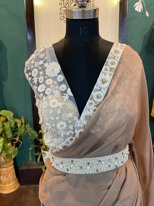 Designer Beige Organza Saree with White Floral Border & Embroidered Blouse