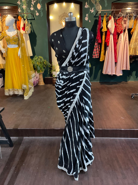 Beautiful black and white shibori  saree with raw silk blouse