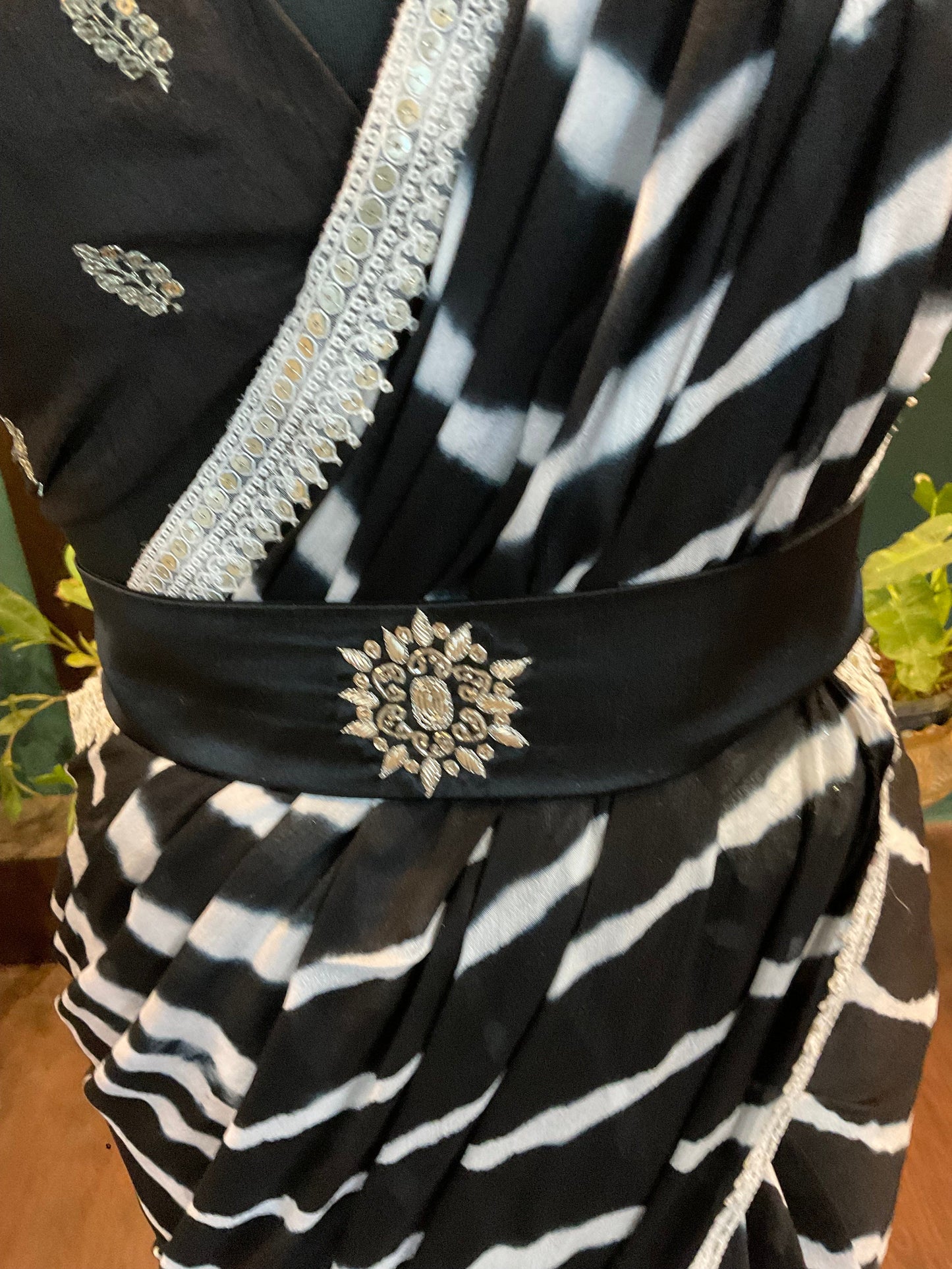 Beautiful black and white shibori  saree with raw silk blouse