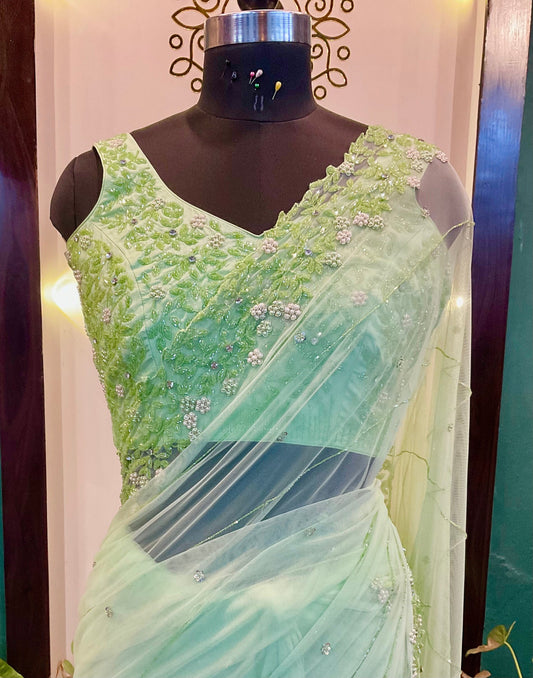 Light Green Hand Embroidered Net Saree with Matching Silk Blouse | Designer Indian Wedding Saree | Custom Made