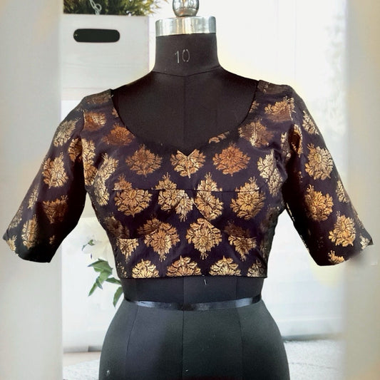 Vintage Look Antique Gold & Black Brocade Blouse | Custom Fit Ethnic Wear