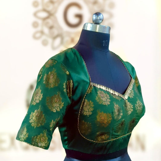 Handmade Green Silk Brocade Blouse – Coin Work, Custom Tailored