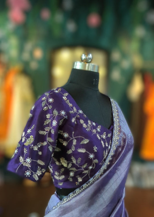 Purple Organza Silk Saree with Zardosi Embroidery & Raw Silk Blouse, Indian Wedding Saree, Party Wear