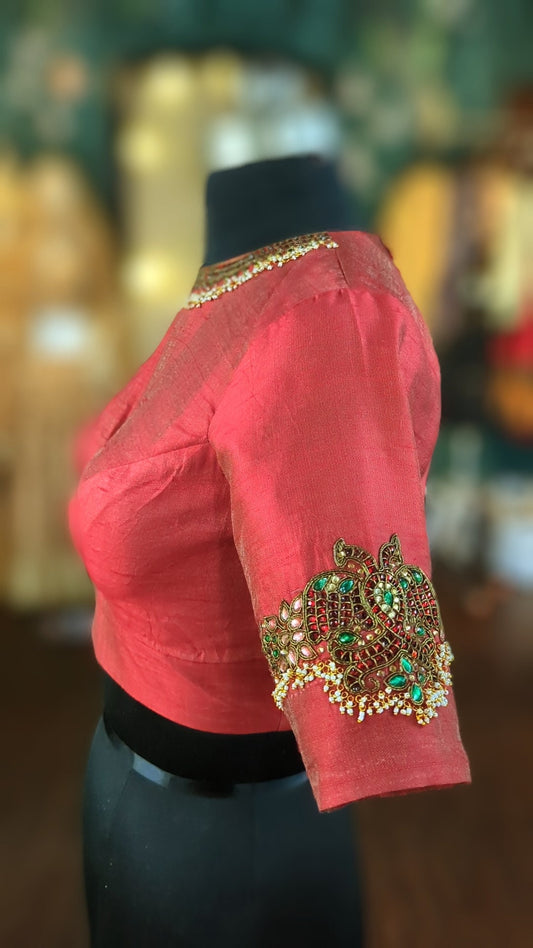 Red tissue silk blouse with kundan jewellery embroidery
