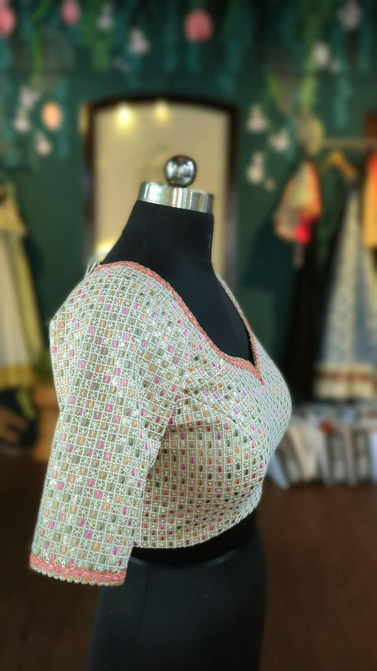Ivory Net Blouse with Multicolor Sequin & Thread Embroidery | Designer Bridal Handmade Indian Saree/Lehenga Blouse