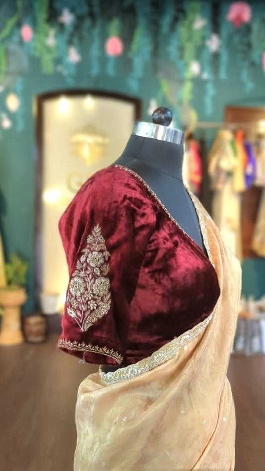 Exquisite Velvet Zardozi Blouse with Gold Tissue Silk Saree