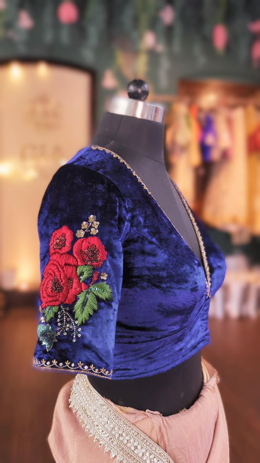 Deep Indigo Blue purple velvet blouse with zardozi work
