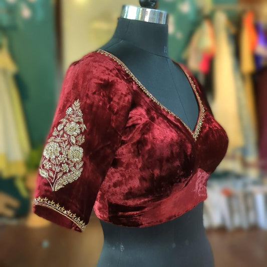 Maroon velvet blouse with zardozi work