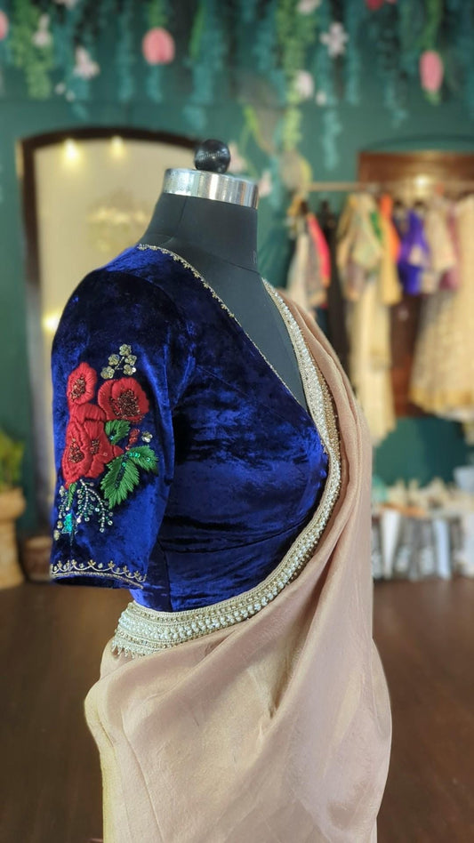 Gold Tissue Silk Saree with Indigo Blue Velvet Zardozi Blouse | Pearl Work Indian Wedding Saree | Designer Ethnic Wear Set