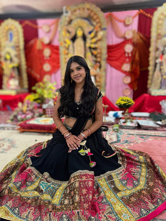 Black Rayon lehenga with beautiful sequined multicolour border , hand embroidery blouse and sequined net dupatta